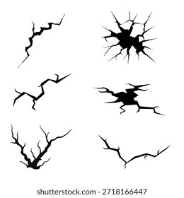 Abstractas grieta y siluetas en forma de rayo aisladas en blanco. Líneas rotas agudas que representan energía e impacto. Perfecto para la acción de fantasía, diseños eléctricos y dramáticos.