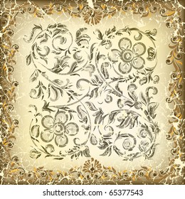 abstract cracked beige background with floral ornament