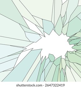 Ilustração de fundo de vidro rachado abstrato com formas irregulares afiadas em tons pastel verde e azul. Ideal para temas de design de fragilidade, tensão, perigo ou impacto visual dramático.