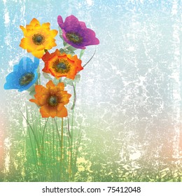 abstract cracked illustration with flowers on grunge blue background