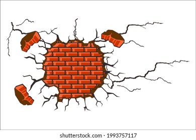 Abstract cracked and perforated wall vector design. Broken wall abstract background. Vector illustration. Hollow walls under old plaster. Brick wall hole cut.