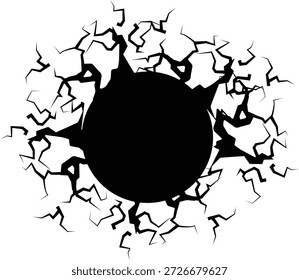 Silueta Abstractas de la pared agrietada o del suelo roto con el agujero oscuro central para el impacto o el concepto del desastre