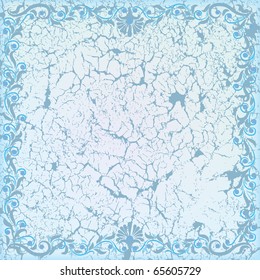 abstract cracked white background with blue floral ornament