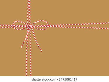 Abstract craft background, gift tied up with cotton red rope bakers twine bow and ribbons. Packing string for decoration, present, pastry boxes for New Year, Christmas. Vector EPS10