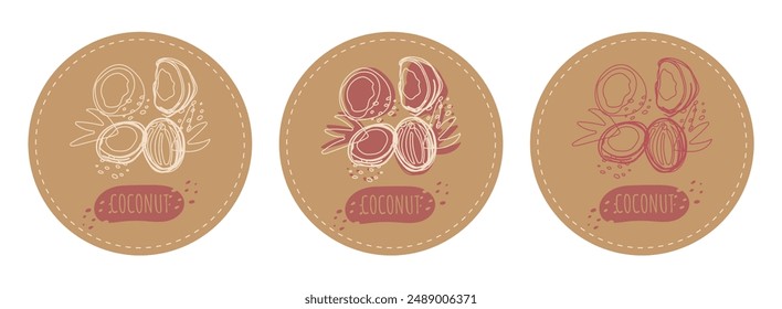 Abstractas conjunto de artesanía de tres etiquetas de etiqueta de fruta redonda. Coco de fruta de tendencia con líneas y Formas. Esquema de Vector establecido para el diseño.