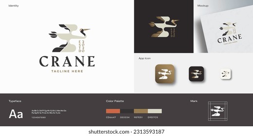 Abstract Crane Bird Vector Illustration. Geometry Flying Stork Silhouette with Typography. Trendy Logo and Business Card Template. Premium Stationary Realistic Mock Up. Isolated