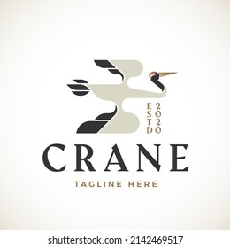 Abstract Crane Bird Vector Sign, Symbol, Logo Template. Geometry Flying Stork Minimalist Style Silhouette with Typography. Oriental Heron Illustration Emblem. Isolated