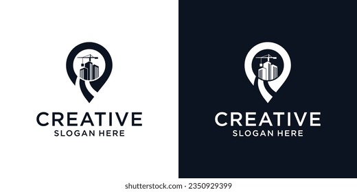 Abstract crane building construction with location, map logo design template