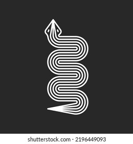 Abstract crawling snake logo, sinuous and rounded snake shape line art, serpentine animal silhouette top view from parallel lines.