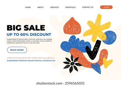 Abstract Crayon Art Sale Banner Template. Sale banner with funky geometric shapes in crayon or pencil hand draw style. Y2k modern art sale banner