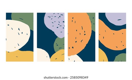 Abstract Crayon Backgrounds Set. 1920x1080 ratio social media templates collection with wavy geometric shapes and paint drawing texture.