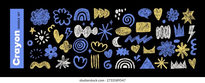Abstract crayon doodle grunge scribble set. Modern childish hand drawn elements. Vector isolated notebook illustration. Geometric shapes background