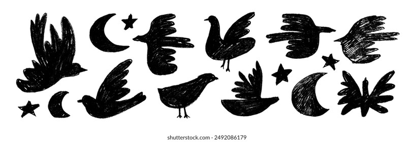 Abstract crayon drawn birds and doves collection. Hand drawn vector black ink illustration. Simple naive style. Modern trendy Matisse minimal style with rough texture. Childish scribbles.