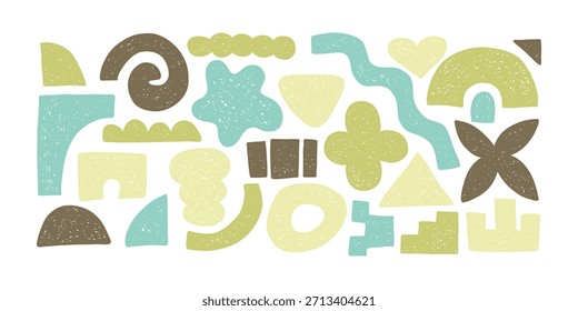 Conjunto de coleta de formas de giz de cera abstrata. Blob assimétrico de forma livre simples. Figuras básicas da moda desenhadas à mão. Forma de curva orgânica líquida figura. Bolha abstrata, forma ondulada diferente. Padrão suave.