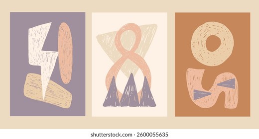 Abstract crayon shapes poster set. Funky cover template with geometric shapes in crayon or pencil hand draw style. Y2k modern art for social media, wall art, cover, flyer