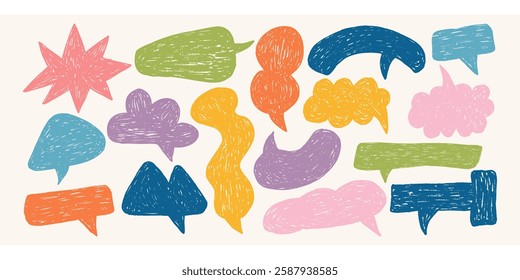 Abstract crayon speech bubbles. Hand drawn doodle communication speech bubbles in crayon or chalk texture. Retro crayon text boxes, dialog comic design. Charcoal, crayon drawn different talk balloon