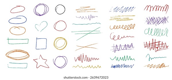 Abstract crayon underlines in diverse shapes, suitable for modern graphic designs.