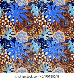 Abstract crazy collage. Plant and geometric shapes, strokes, dashes, texture, chaotic rhythm. Seamless pattern. Trending vector illustration. Digital paper. 