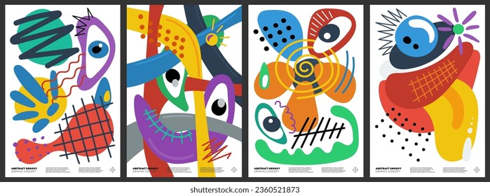 Abstract crazy groovy style freehand primitive shapes collage graphic poster concepts. Modern trendy free forms doodle print design collection. Decorative y2k art placard template. Postmodern artwork