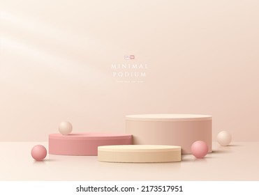 Abstract cream 3D room with set of realistic pink and beige cylinder pedestal podium. Minimal scene for product display presentation. Geometric forms design. Round stage for showcase. Vector EPS10