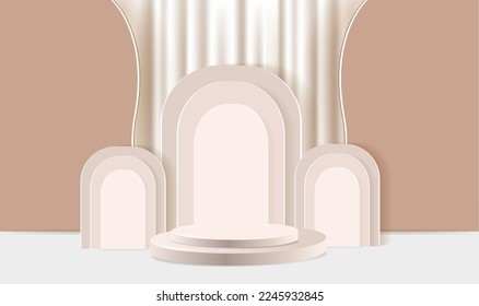 Abstract cream 3D space with realistic cream cylinder base set. Minimal scene for product display presentation. Vector geometric platform. Stage for performances