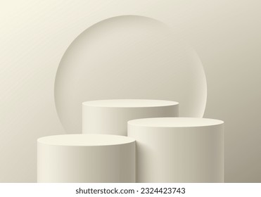 Abstract cream beige 3d background in studio room. Realistic 3d cylinder podium stand set with emboss circle shape behind. Render in minimal wall scene mockup product display stand. stage showcase.