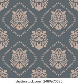 Abstract cream seamless pattern with abstract and traditional motifs. Perfect for textile design, wallpaper, digital backgrounds, and packaging. on mole green backgound Classic Damask Seamless Pattern