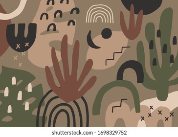 Abstract creative aesthetic background with plants and various graphic elements. Universal vector illustration for your design.