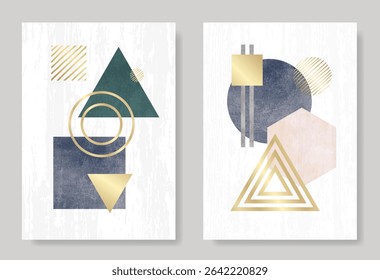 Abstract creative art posters with geometric shapes, textures and gold lines for interior design. Set of artistic modern trendy backgrounds. Collection of premium art design for cards, cover, banner.
