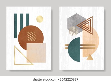 Abstract creative art posters with geometric shapes, textures and gold lines for interior design. Set of artistic modern trendy backgrounds. Collection of premium art design for cards, cover, banner.