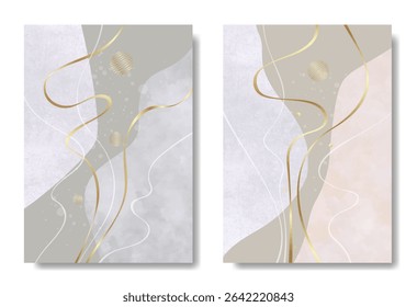 Abstract creative art posters with textured shapes and gold and white lines for interior design. Set of artistic modern trendy backgrounds. Collection of premium art design for cards, cover, banner.
