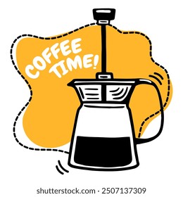 Abstract creative background with copy space for text and coffee milk frother icon isolated. Handwriting lettering coffee time. Vector template for greeting, poster, coffee shop, card, sticker.