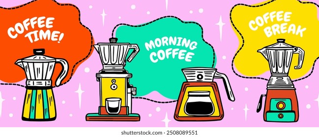 Abstract creative background with copy space for text and coffee equipment concept. Trendy background, banner, brochure, card, and poster design template with text inscription and coffee equipment