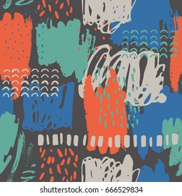 Abstract creative background with geometric shapes, doodles, marker scribbles. Hand drawn colorful seamless pattern. Vector illustration in retro colors