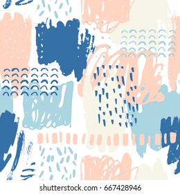 Abstract creative background with geometric shapes, doodles, marker scribbles. Hand drawn colorful seamless pattern. Vector illustration