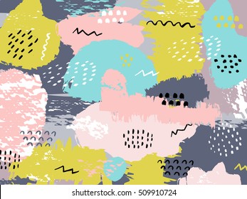 Abstract creative background with hand drawn textures, brush strokes, geometric elements in retro memphis 80s - 90s style.