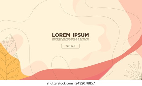 Abstract creative background with smooth shapes and tropical leaves in soothing tones.