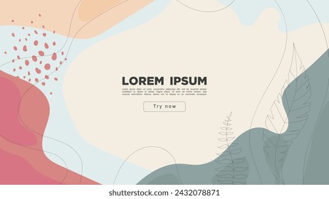 Abstract creative background with smooth shapes and tropical leaves in soothing tones.