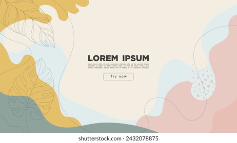 Abstract creative background with smooth shapes and tropical leaves in soothing tones.