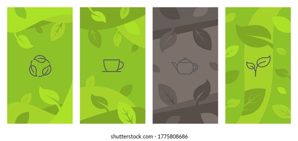 Abstract Creative Background With Tea Line Icons. Design Templates For Social Medi Stories, Cards, Posters For Tea Shop And House.