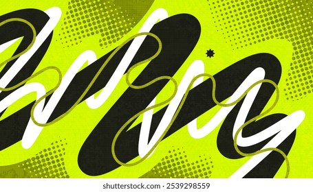 Abstract Creative Background with Wavy Lines, Halftones and Texture Effects in Black, Yellow and White Color Style. Suitable for Cover, Banner, Poster, or Landing Page Design