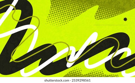 Abstract Creative Background with Wavy Lines, Halftones and Texture Effects in Black, Yellow and White Color Style. Suitable for Cover, Banner, Poster, or Landing Page Design