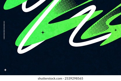 Abstract Creative Background with Wavy Lines, Halftones and Texture Effects in Black, Green and White Color Style. Suitable for Cover, Banner, Poster, or Landing Page Design