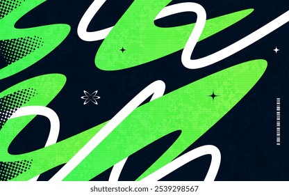 Abstract Creative Background with Wavy Lines, Halftones and Texture Effects in Black, Green and White Color Style. Suitable for Cover, Banner, Poster, or Landing Page Design