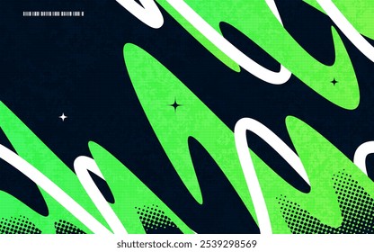 Abstract Creative Background with Wavy Lines, Halftones and Texture Effects in Black, Green and White Color Style. Suitable for Cover, Banner, Poster, or Landing Page Design