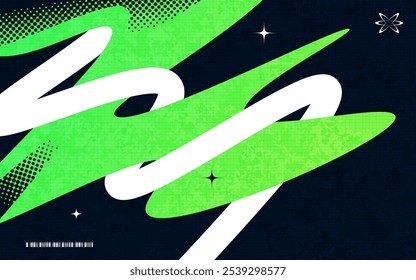 Abstract Creative Background with Wavy Lines, Halftones and Texture Effects in Black, Green and White Color Style. Suitable for Cover, Banner, Poster, or Landing Page Design