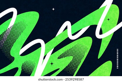 Abstract Creative Background with Wavy Lines, Halftones and Texture Effects in Black, Green and White Color Style. Suitable for Cover, Banner, Poster, or Landing Page Design