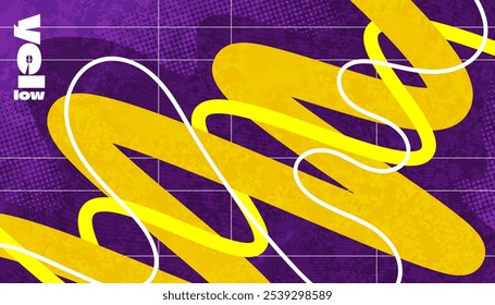 Abstract Creative Background with Wavy Lines, Halftones and Texture Effects in Yellow, Purple and White Color Style. Suitable for Cover, Banner, Poster, or Landing Page Design