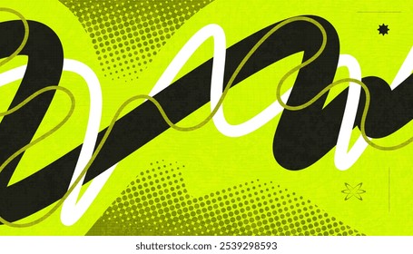 Abstract Creative Background with Wavy Lines, Halftones and Texture Effects in Black, Yellow and White Color Style. Suitable for Cover, Banner, Poster, or Landing Page Design