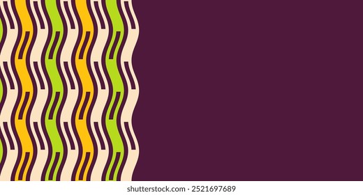 Abstract creative background, web banner. Abstract color wavy stripes composition. Green, beige and yellow stripes on purple background. Vector color illustration in flat style.